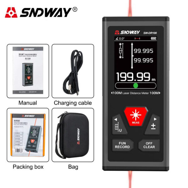 SNDWAY Dual Distance Meter Rechargeable Bilateral Laser Rangefinder 200m 120m Digital Tape Measure Angle Measurment Tool