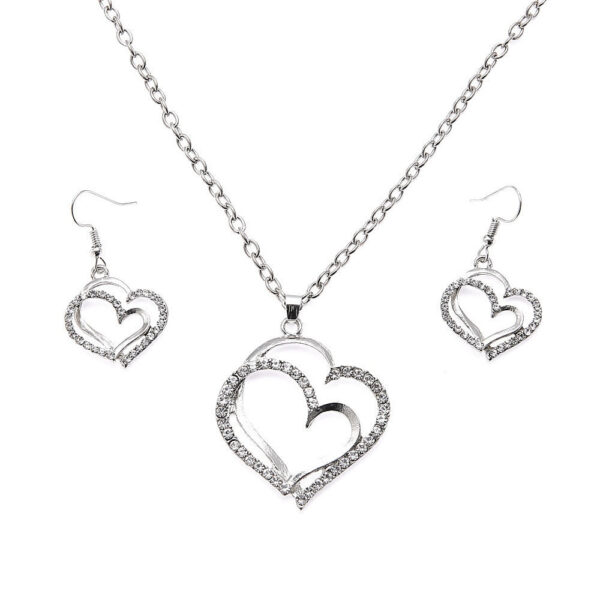 3 Pcs Shaped Of Earrings Pendant Necklace For Women Exquisite Fashion Rhinestone Double Heart Jewelry Set