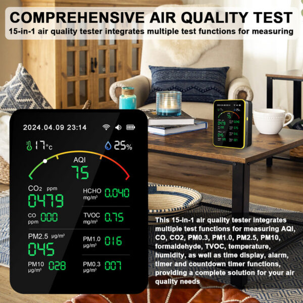 47757937a97afa9d Tuya WiFi 15 in 1 Air Quality Detector Household Portable AQI PM0.3 PM1.0 PM2.5 PM10 CO CO2 TVOC HCHO Tester with Alarm Function