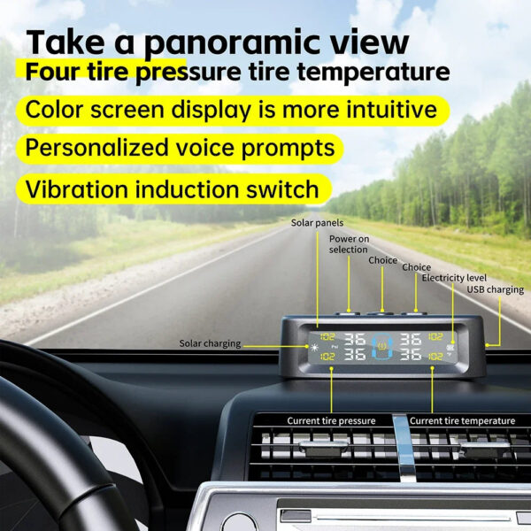 47ab605f806fe7c9 TPMS Tire Pressure Monitoring Car Safety Alarm System Wireless Solar/USB Powered 4 Sensors with Color Digital Display