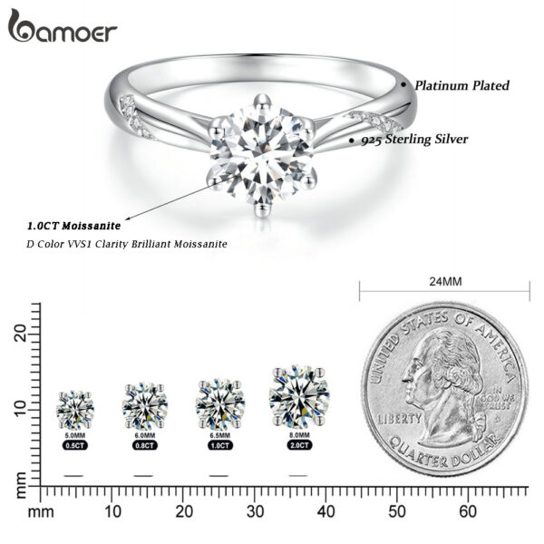 BAMOER D Color VVS1 EX Ring 1ct Round Moissanite Diamond Solitaire Engagement Sterling Sier Rings For Women