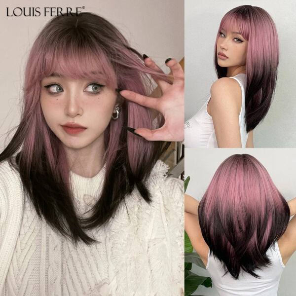 4857caf8dcaf8d95 FERRE Black Pink Ombre Synthetic Cosplay Long Straight Layered Wigs with Bangs for Women Heat Resistant Fake Hair