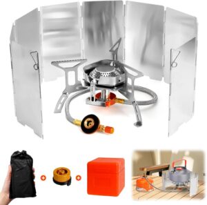 SUPRBIRD Campingkocher 3500W Klein Faltbar Camping Gaskocher mit Piezozündung,klappbare Windschutzscheiben,Adapter Gasherd,Mini Gasbrenner für Outdoor Picknick Trekking Hiking reise,kissen,nackenrol