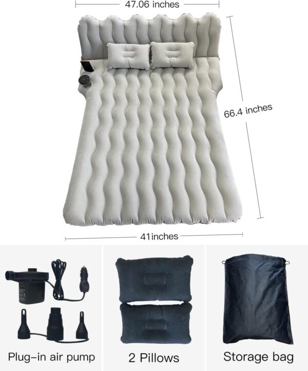 489e75a725f897c7 SUV Air Mattress with Cup & Phone Holder, Flocked-Top Inflatable Car Mattress with Two Air Pillows & Electric Air Pump, Ideal SUV Mattress for Camping, Travel, and Road Trips (Grey)