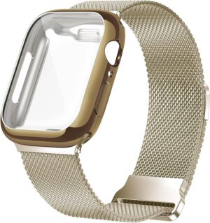 48d0183fb3efd821 Geoumy Metal Magnetic Bands Compatible for Apple Watch Band 41mm with Case, Stainless Steel Milanese Mesh Loop Replacement Strap Compatible with iWatch Series 8/7/6/5/4/3/2/1 SE Women Men,Brown Gold