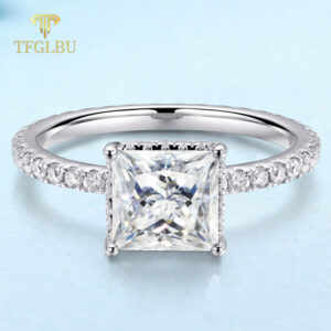 TFGLBU D Vvs1 7*7mm 2CT Princess Cut All Moissanite S Sterg Sliver Ring for Women Dia Wedding Proposal Band Jewelry