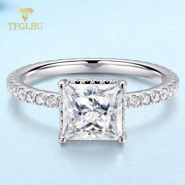 TFGLBU D Vvs1 7*7mm 2CT Princess Cut All Moissanite S Sterg Sliver Ring for Women Dia Wedding Proposal Band Jewelry