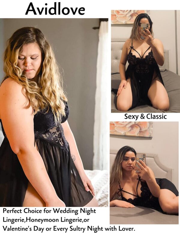 Avidlove Plus Size Lingerie Lace Babydoll Womens Strap Chemise Nightgown V Neck Nighty Mesh Sleepwear Side Slit Nightdress