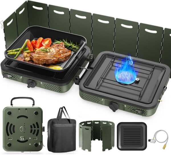 49b9425b6dd149d4 2 Burner Portable Camping Stove Propane, Folding Propane Stove for Camping, Camp Stove with 17,000 BTU,Two Adjustable Burners Gas Camping Stove with Carrying Bag for Outdoor Cooking,BBQ