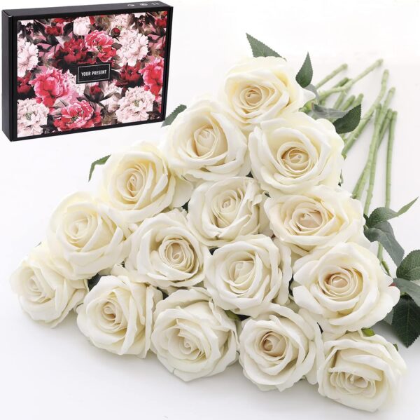 15Pcs Artificial Roses Velet Real Touch Single Stem Fake Roses Silk Realistic Bouquet Flowers Arrangements Home Office Garden Grave Party Wedding Decoration(Light Pink-15p, Blossom Roses)