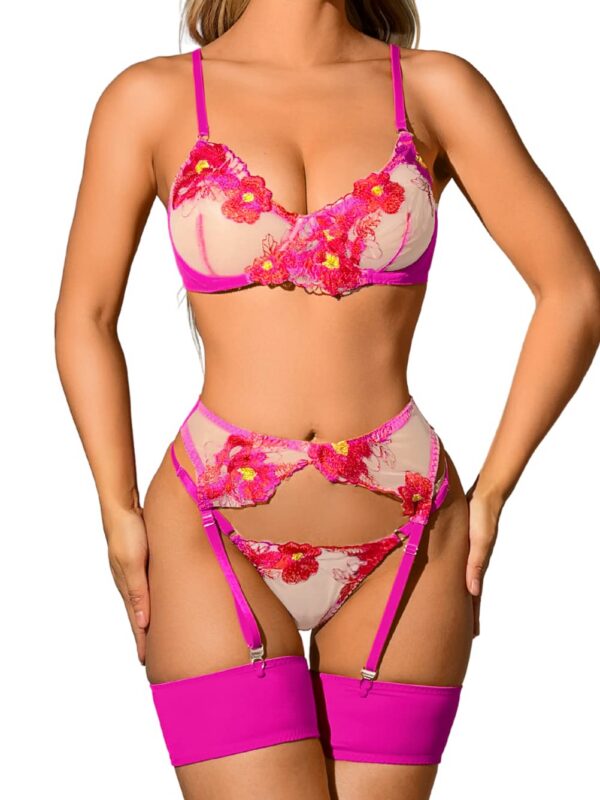 49d67d24749adaff Kaei&Shi Floral Embroidered, Underwire, G-String, Garter Belt, 4 Pieces Lingerie