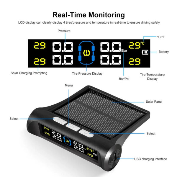 4a24248a11fbc17b Intelligent TPMS Solar Tyre Monitoring System Parking Sensors For Cars Temperature Tire Air Pressure Gauge