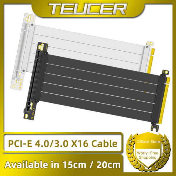 4a2576f70f216125 TEUCER PCI-E 4.0 X16 Riser Cable Video Card Shielded Flexible 90° Mounting GPU Extension Cord Black/White