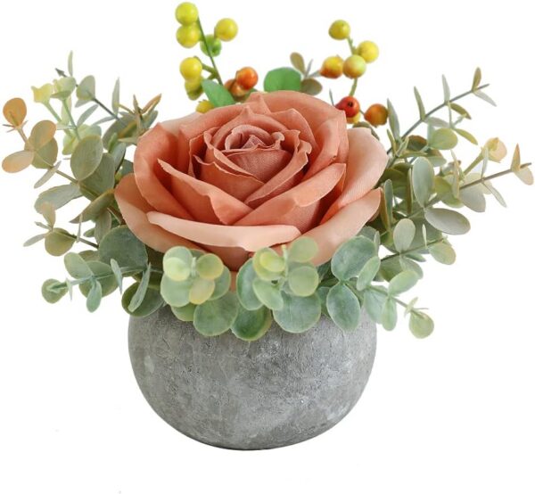 Artificial Flowers Kit with Pot, Combination of Fake Silk Orange Roses and Greenery,Small Plant Potted Decor for Offices,Bookshelf,Bedroom, Living Room,Party,Wedding Decorations…