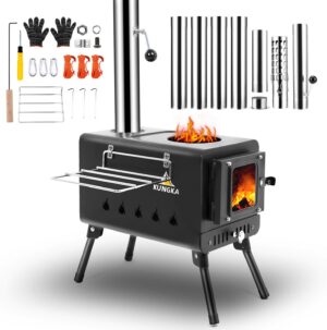 4a5aa336dfdf803a Black Wood Burning Tent Stove, 7 Section Stainless Steel Chimney, Portable Hot Tent Stove for Camping, Hunting, Ice Fishing