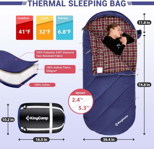 4a7bd2180dbbebdb KingCamp Sleeping Bag for Adults, Cold Weather & Warm Extra Wide Big & Tall XL Portable Waterproof Flannel Sleeping Bags, Essentials Gear Accessories for Camping Backpacking Hiking Indoor & Outdoor