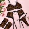 Avidlove Garter Set Lingerie for Women Fishnet Sexy Underwire Lace 4 Piece Sets Chain Bra S-XXL