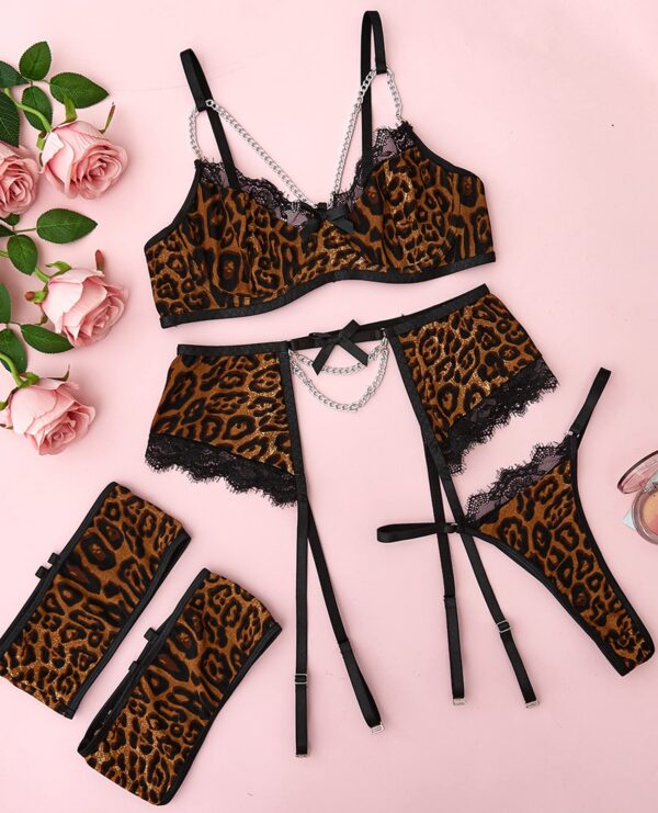 Avidlove Garter Set Lingerie for Women Fishnet Sexy Underwire Lace 4 Piece Sets Chain Bra S-XXL