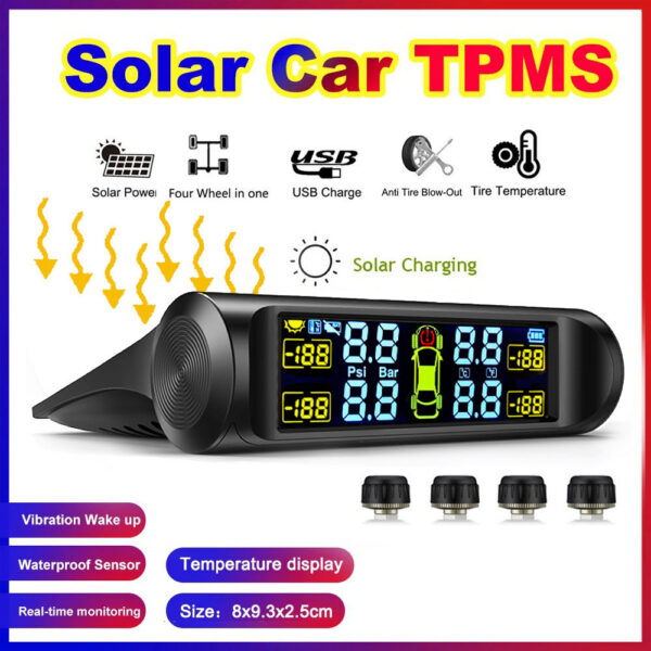 4b44dc5527f25732 Intelligent TPMS Solar Tyre Monitoring System Parking Sensors For Cars Temperature Tire Air Pressure Gauge