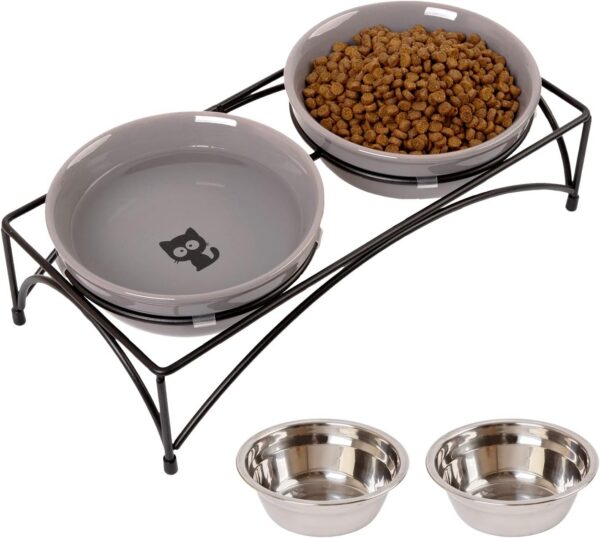 4b65f36a6ad0dd7b FOREYY Elevated Cat Bowls with 2 Ceramic Bowls and 2 Stainless Steel Bowls,Raised Cat Food Water Bowl with Iron Stand,Porcelain Pet Dishes for Cats and Small Dogs,16 Ounces,Dishwasher Safe(Gray)