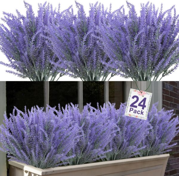 4b6a6472ac76af87 Ouddy Decor 24 Bundles Artificial Lavender Flowers Fake Plastic Purple Flowers Outside UV Resistant for Home Wedding Kitchen Garden Patio Window Box Centerpieces Indoor Outdoor Decor (Gray Purple)