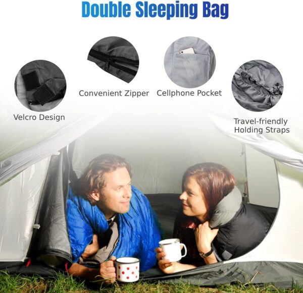COSTWAY Double Sleeping Bag, Extra Large - 220 x 150 cm - Converts into 2 Singles, Waterproof Sleeping Bag with Free Pillows and Carrying Bag for Camping, Hiking