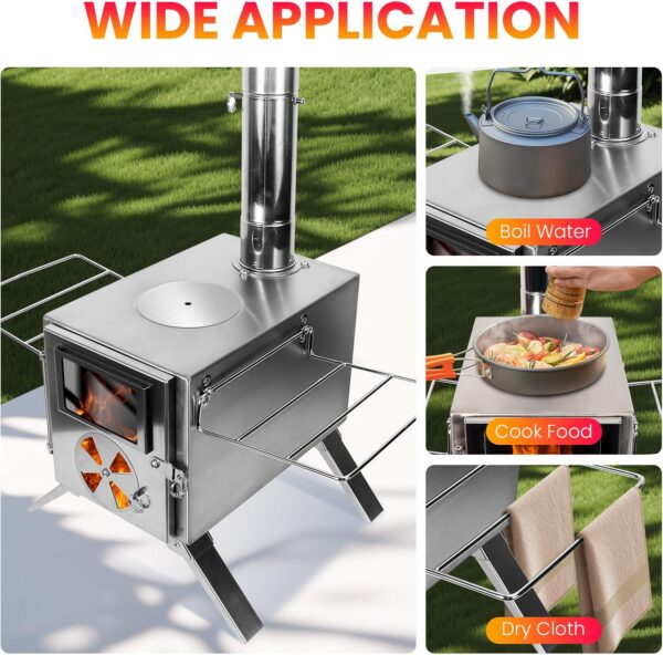LAMA Tent Camping Stove, Portable Folding Stainless Steel Wood Stove with Chimneys and Gloves, Wood Burner for Tents, Hiking, Cooking, Heating, Camping, Silverwhite