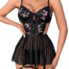 WDIRARA Women's Floral Embroidery Mesh Split Cut Out Babydoll Lingerie Slip Dress