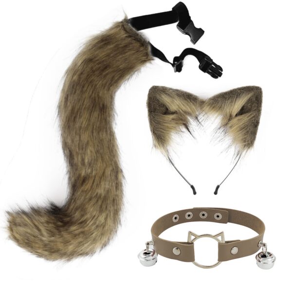 QinRuan Cat Ears and Wolf Fox Animal Tail Cosplay Costume Faux Fur Hair Clip Headdress Halloween Leather Neck Chocker Set (3-Blackwhite)