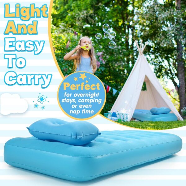 Kids Sleeping Pad for Camping Air Bed Flocked Surface with Inflatable Pillow Camping Air Mattress for Backpacking Travel Sleepover Outdoor Tent Guest(Sky Blue)
