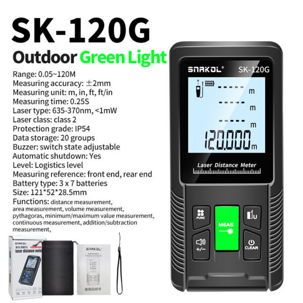 Snakol Tape Measure 120M Green Laser Distance Meter High Accuracy Roulette Multiple Measurement Functions Electronic Ruler