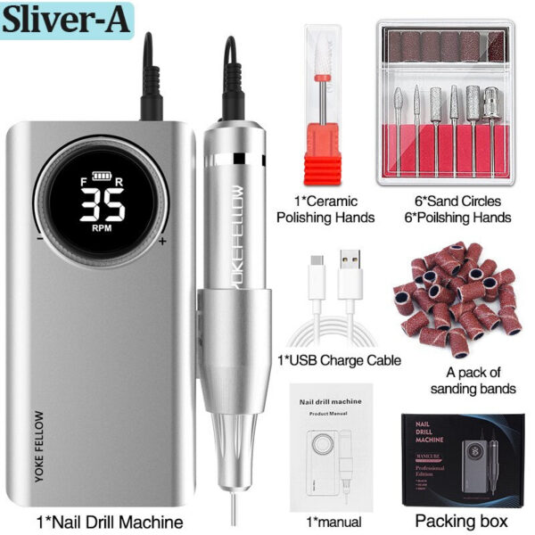 YOKEFELLOW Professional Drill hine Kit 35000RPM Rechargeable Portable Electric Nail File for Manicure Acrylic Gel Nails