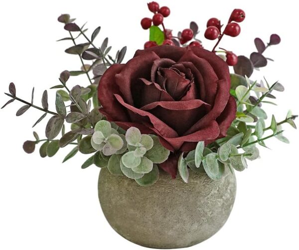 4c950f36e0753108 Artificial Flowers Kit with Pot, Combination of Fake Silk Burgundy Red Roses and Greenery,Small Plant Potted Decor for Offices,Bookshelf,Bedroom, Living Room,Party,Wedding Decorations…