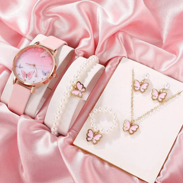 4d1f5ef79acaab2f 6PCS Set Women Fashion Quartz Female Clock Pink Butterfly Dial Brand Design Ladies Leather Wrist Watch Montre Femme