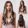 HAIRCUBE Long Brown Curly Wavy Women Middle Part Synthetic Wig for Any Ocn Heat Resistant Fake Hair