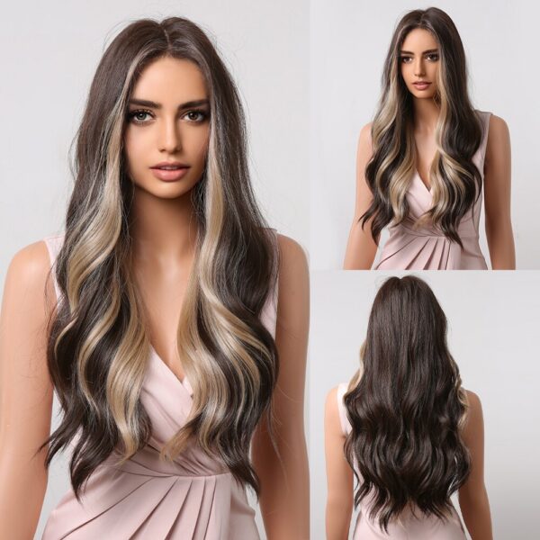 HAIRCUBE Long Brown Curly Wavy Women Middle Part Synthetic Wig for Any Ocn Heat Resistant Fake Hair
