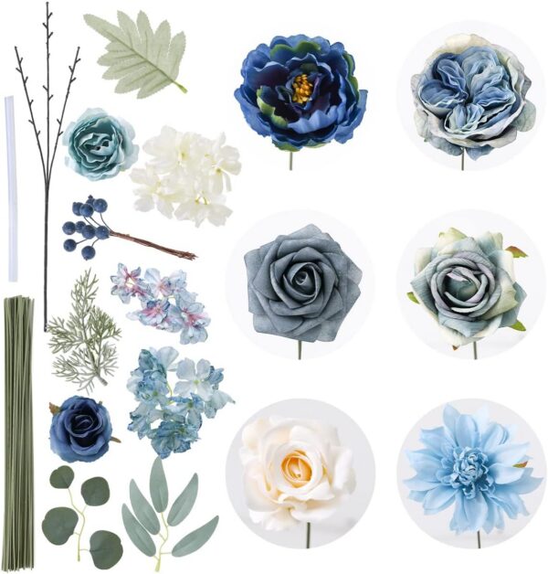 4d8858a6d64c4f0d Floweroyal Artificial Flowers Combo Dusty Blue Flowers Mix Silk Flowers Dahlia Roses with Stems for DIY Wedding Bridal Bouquets, Baby Shower, Floral Arrangement, Table Centerpieces, Home Decorations.