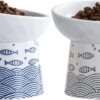 4d9cd5354a913049 TAMAYKIM Tilted Ceramic Raised Cat Bowls, 8 OZ Food and Water Bowls Set for Kitty, Porcelain Elevated Stress Free Feeding Pet Dish, Dishwasher and Microwave Safe, 2 Pack (White & Grey)