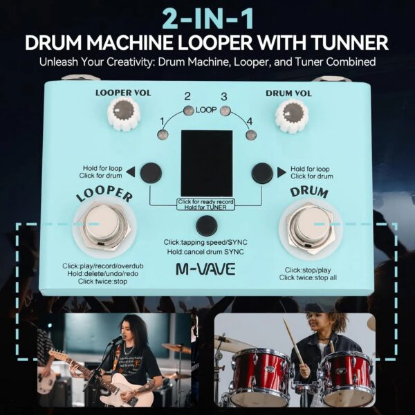 M-vave Lost Tempo Drum Machines & Looper Pedal Built-in 30 Drums 11 Mins Recoding Time High Precision Tuner Guitar Effect pedal
