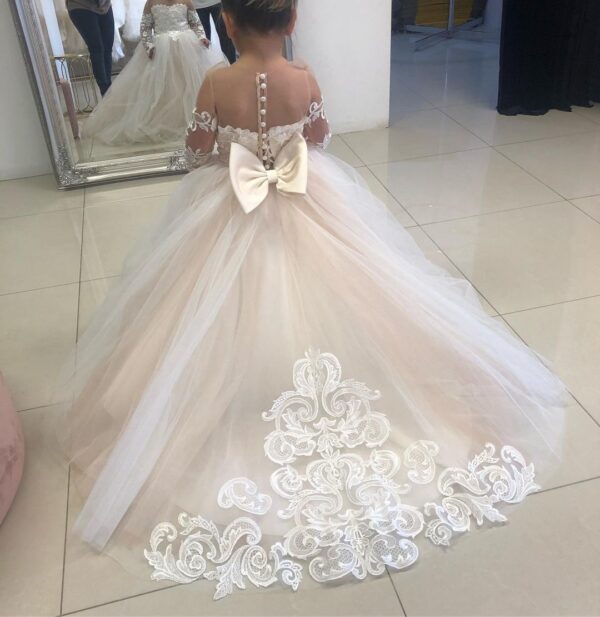 BABYONLINE Long Sleeve White Ivory Flower Girl Dresses for Wedding Guest Child Kids Bridesmaid Lace Floral Tulle Skirt Ball Gown