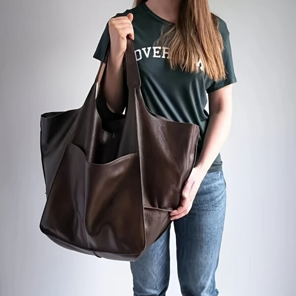 4dc715aa13d857fe Large Capacity Retro Tote Bag, Soft PU Leather Shoulder Bag, Stitching Handbag For Work Travel Shopping