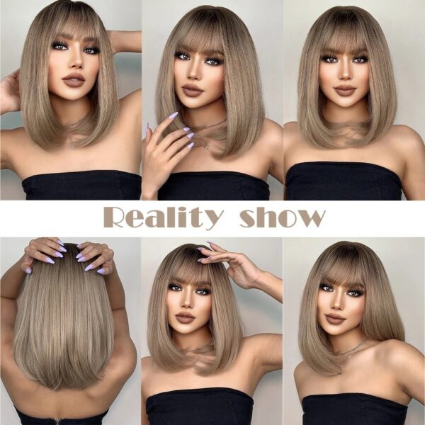 Short Straight Bob Wigs with Bangs Golden Brown Natural Synthetic Hair for Women Daily Cosplay Heat Resistant Fiber