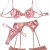SOLY HUX Womens Sexy Lingeries Exotic Garter Belt Set Floral Lace Bra and Panty 4 Pieces