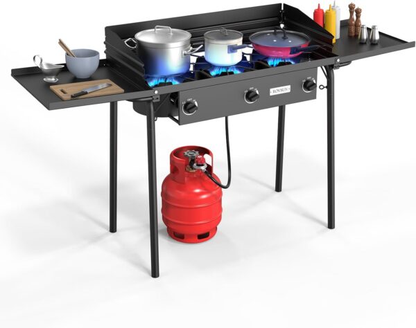 4ea81fa47375ee3c ROVSUN Single Burner Gas Stove with Side Shelf, 100,000BTU Portable Propane Stove with Removable Leg & Regulator for Camping Home Backyard Outdoor Cooking Brewing Canning Turkey Frying