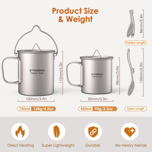 4f0cf0b46c2053f8 Tomshoo 3 PCS Titanium Cookware Set Ultralight 750ml Pot 450ml Water Cup Mug w Lid Folding Spork for Outdoor Camping Backpacking