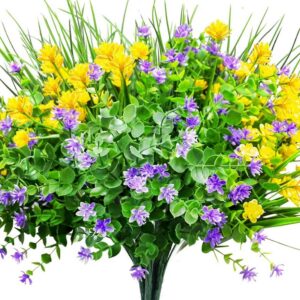 4f7356d3ccdc5c82 CEWOR 9pcs Artificial Flowers, UV Resistant Faux Outdoor Flowers, Fake Plastic Flowers for Cemetery Decoration Home Kitchen Bedroom Wedding Party Decor (Yellow, Purple, Green)
