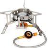 Portable Camping Gas Stove with Piezo Ignition 3500W Outdoor Camping Stove Backpacking Burner Windproof Fishing Stove for BBQ Hiking Picnic Camping Cooking Stoves with Carrying Case Adapters Converter
