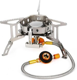 Portable Camping Gas Stove with Piezo Ignition 3500W Outdoor Camping Stove Backpacking Burner Windproof Fishing Stove for BBQ Hiking Picnic Camping Cooking Stoves with Carrying Case Adapters Converter