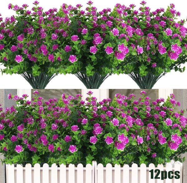 RECUTMS 12 Bundles Artificial Outdoor Plants, Artificial Greenery for Flower Arrangements Shrubs UV Resistant Faux Plastic Plants Spring Decorations for Home Front Porch Decor(White)