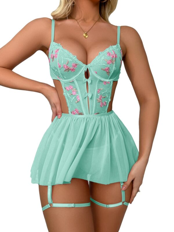 WDIRARA Women's Floral Embroidery Mesh Split Cut Out Babydoll Lingerie Slip Dress